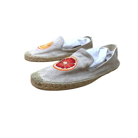 SOLUDOS Beige Chambray Embroidered Orange Espadrilles flat Women's Shoes Sz 10 - Picture 1 of 11